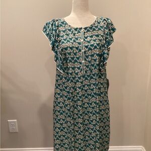 Max Studio Green and White Sheath Dress with Flutter Sleeves